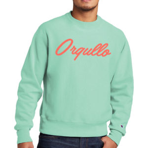 Orgullo mint green sweater with coral 3D puff embroidery