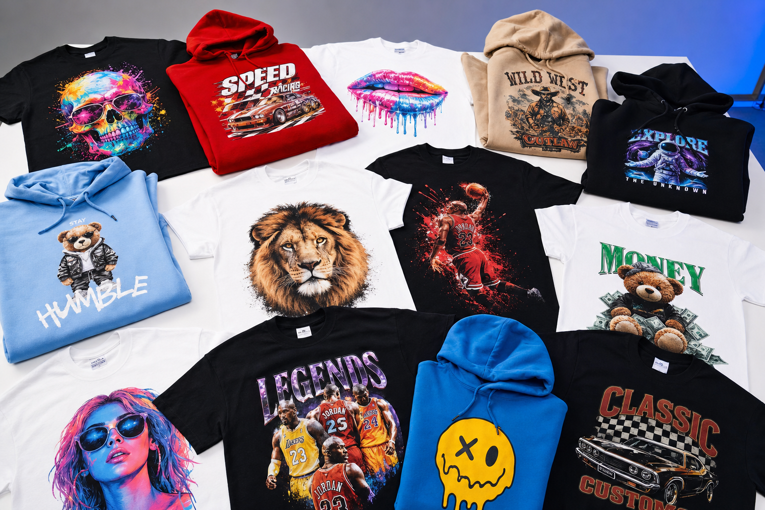 Custom DTF printed t-shirts and hoodies with vibrant full-color designs