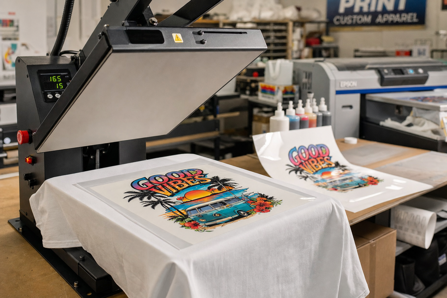 DTF heat transfer printing colorful design on white t-shirt