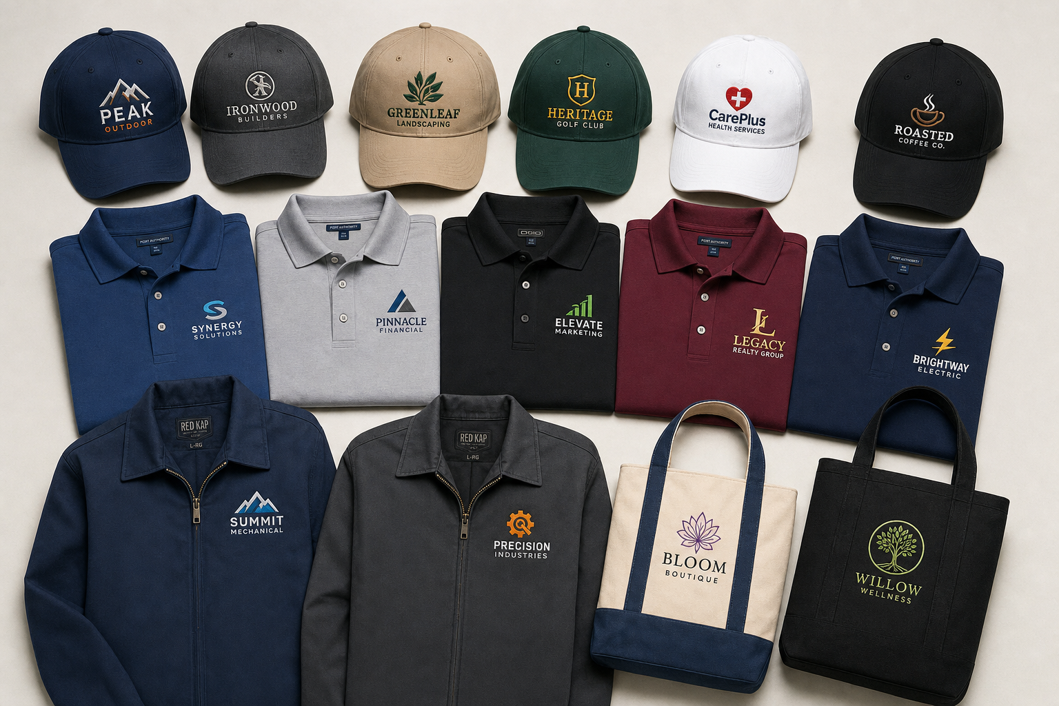 Custom embroidered hats, polos, jackets and bags with business logos
