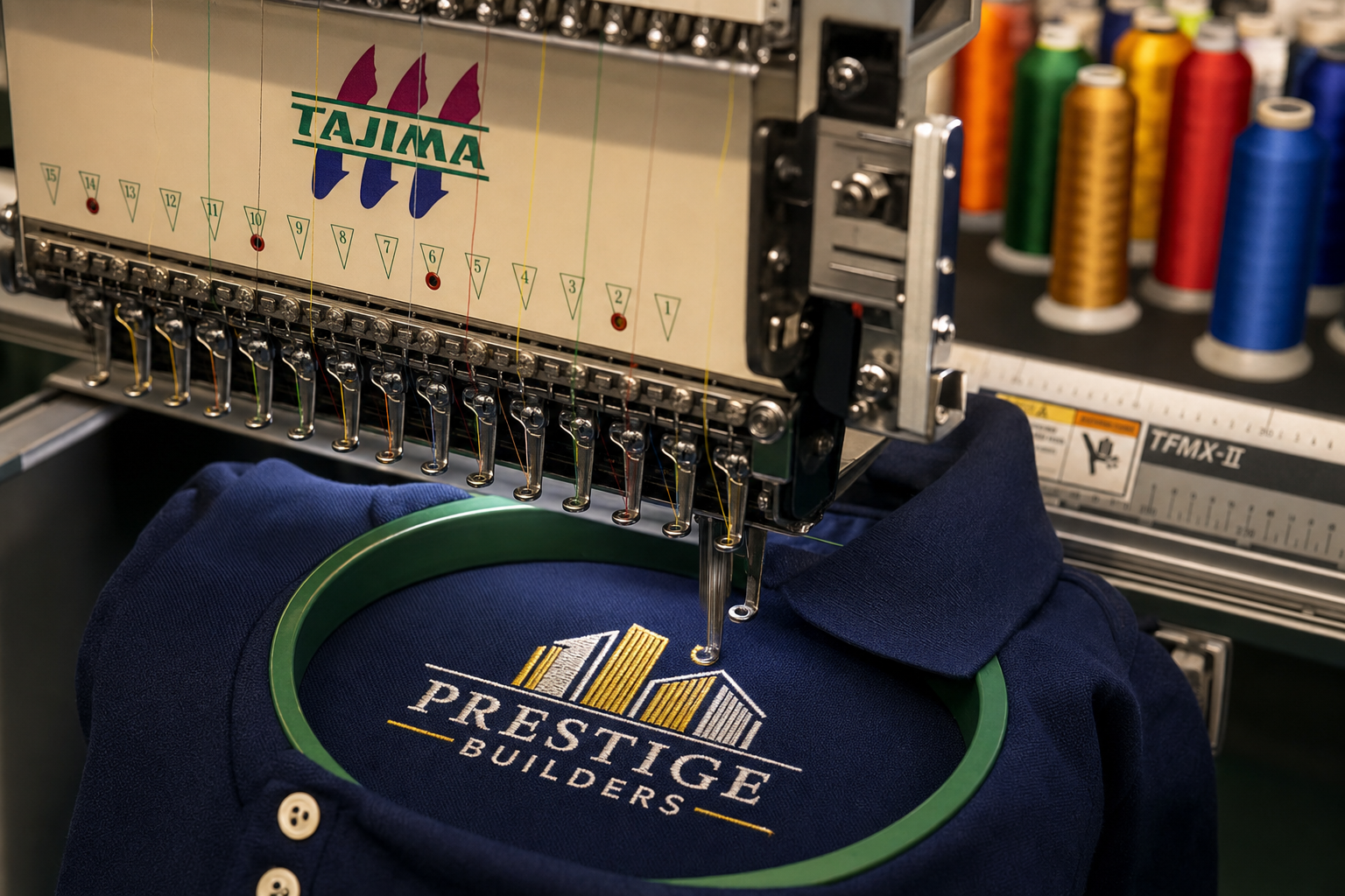 Commercial embroidery machine stitching logo on polo shirt