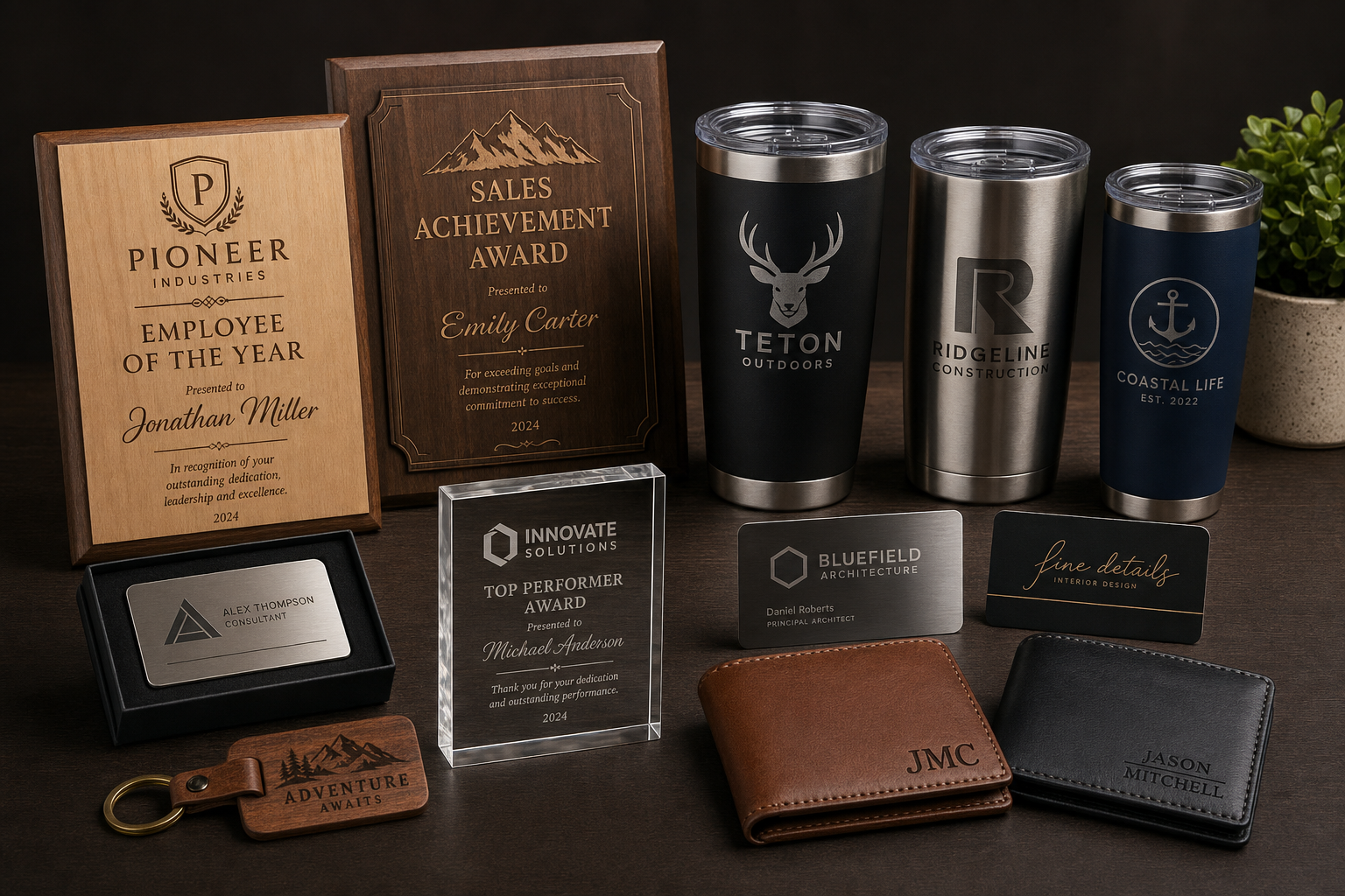 Custom laser engraved plaques, tumblers, awards, and leather wallets
