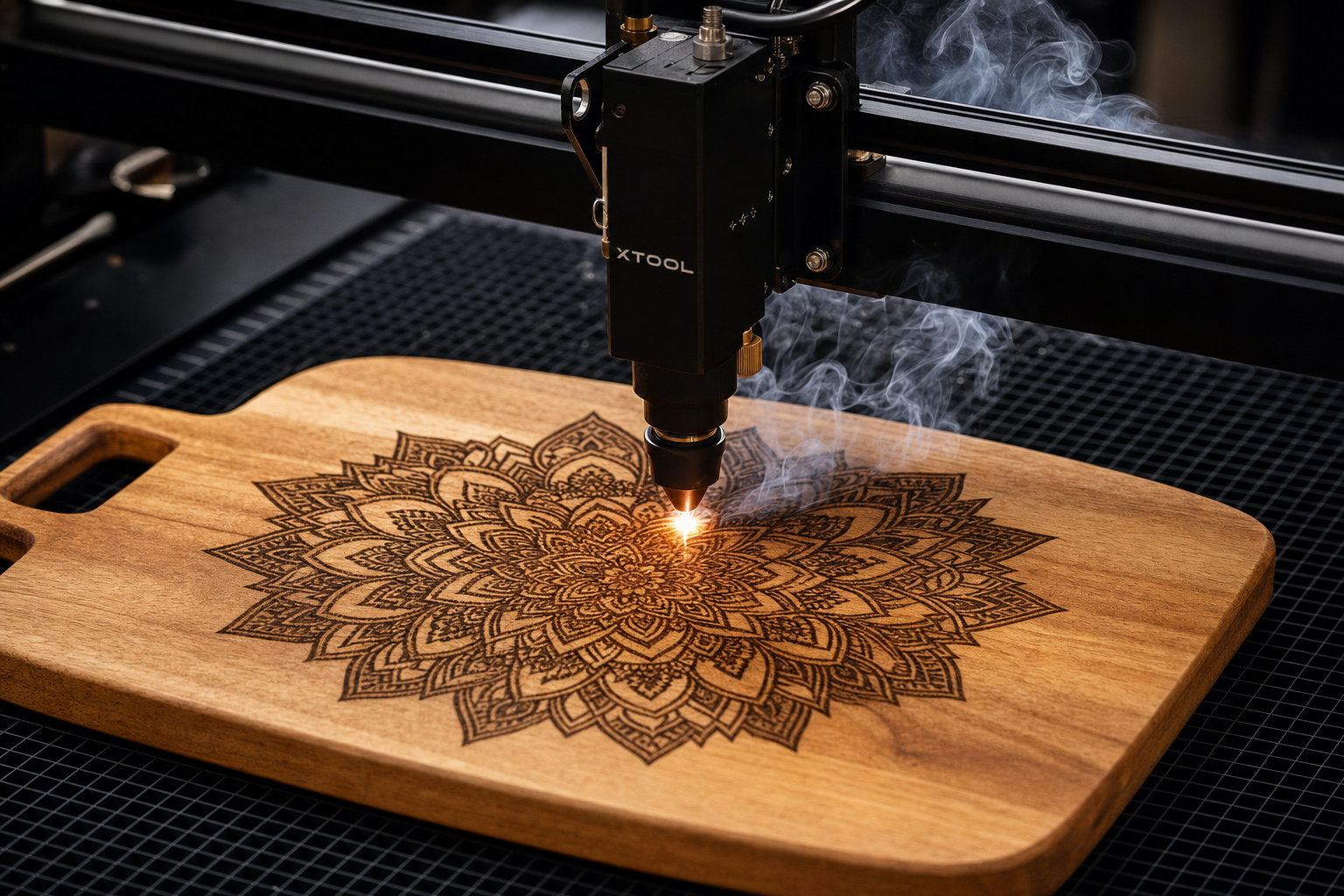 Laser engraving machine etching mandala on wood cutting board