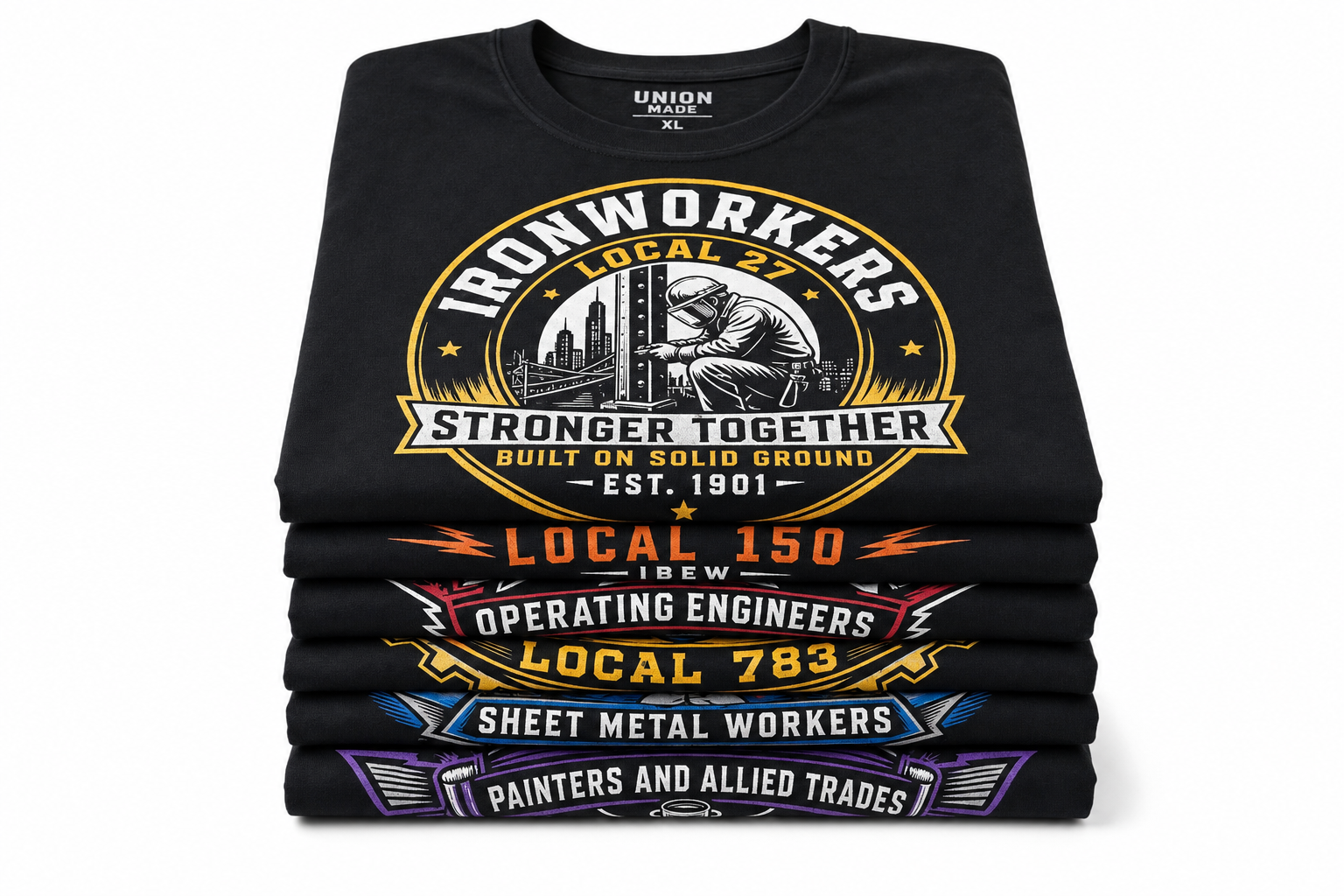 Custom union printed t-shirts stacked at DVS Joliet IL