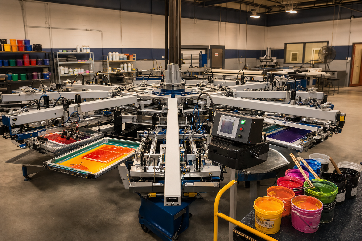 Automatic ROQ screen printing carousel press with colorful ink screens