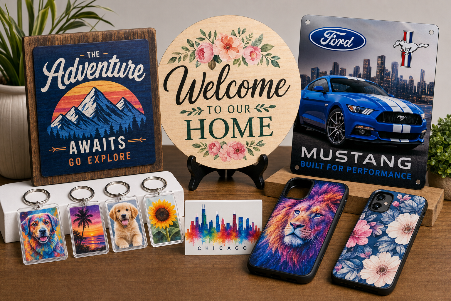 Custom UV printed wood signs, keychains, metal plaques and phone cases