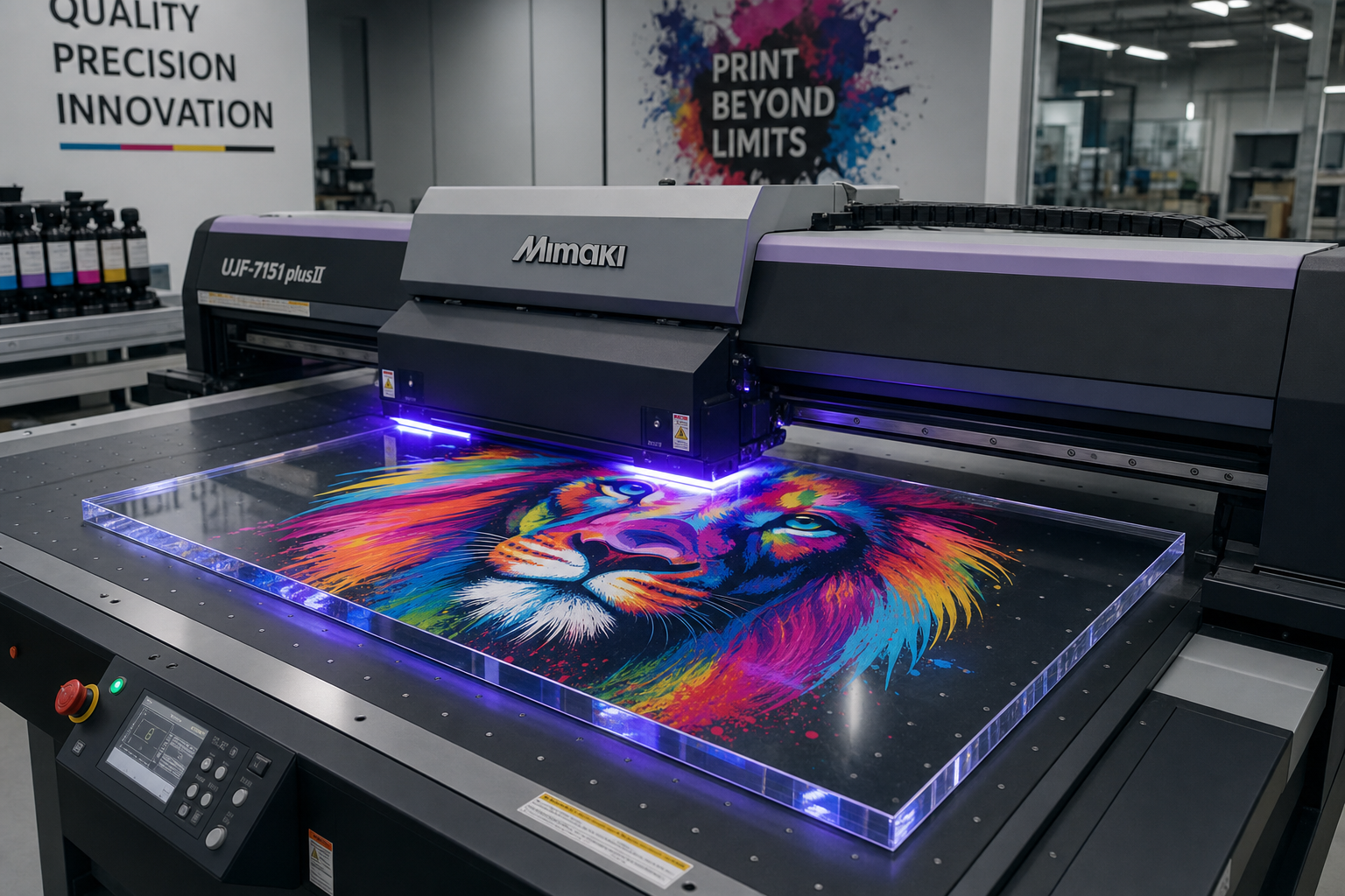 UV flatbed printer printing colorful design on acrylic sheet